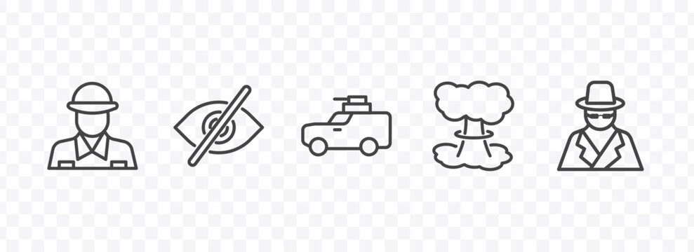 military and war and icon set with soldier, stealth, bomb detonation, secret agent signs in flat outline style