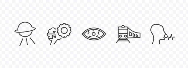 Obraz premium ai and future technology icon set with outer space, unsupervised learning, train, voice recognition signs in flat outline style
