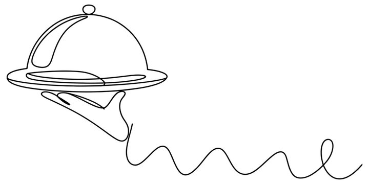 Continuous single line drawing of a hand holding a silver food serving cloche platter for restaurant service and luxury dining experience concept art Vector, illustration