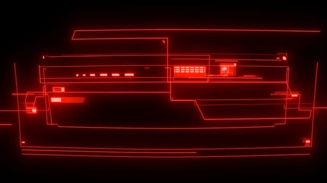 Tracking shot of digital wireframe lines assembling into hud schematic display on black background with red neon glow