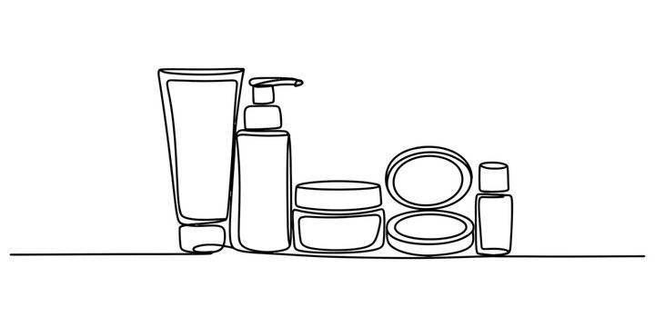 Continuous single line drawing of cosmetic beauty products including cream tubes lotion pump bottle powder compact case and small essential oil bottle Vector, illustration