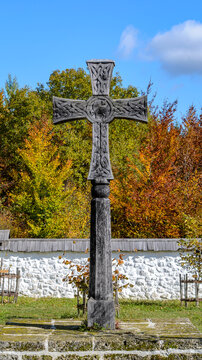 Ancient Carved Wooden Cross at Campus Galli, Germany