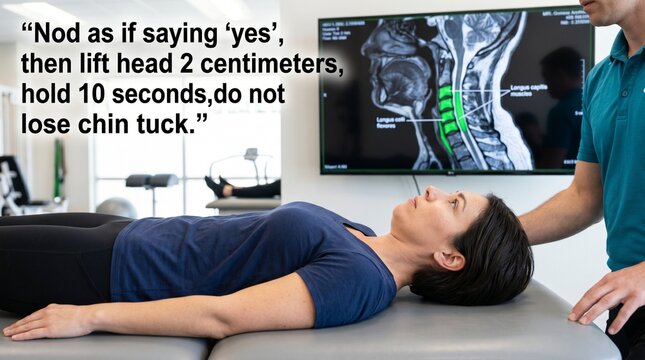 Man performing chin tuck exercise with cervical flexion on floor at home for posture correction