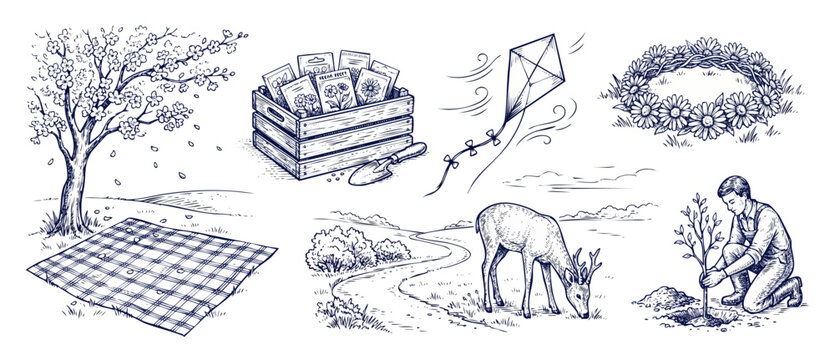 Spring gardening sketch elements set featuring seasonal outdoor activities like tree planting picnic with blanket flying kite flower wreath and grazing deer in vintage hand drawn engraving style.