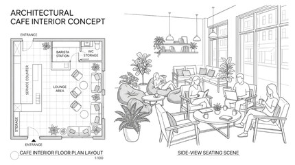 Obraz premium Detailed CAD Architectural Plan for Modern Cafe Interior Design Concept with Diverse Seating Layout