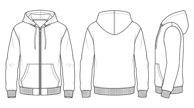 Blank CAD Technical Fashion Sketch of a Full Zip Hoodie with Drawstring Hood