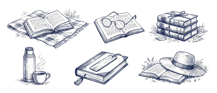 Vintage book reading illustration set, hand drawn open books, glasses, thermos cup, stack of books, bookmark, and sun hat in line art engraving style, isolated icons for cozy picnic library design.