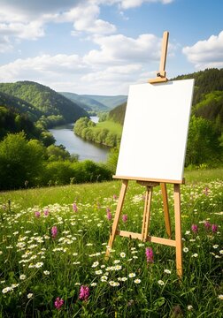 Wooden easel with blank canvas overlooking a scenic river valley and lush green landscape