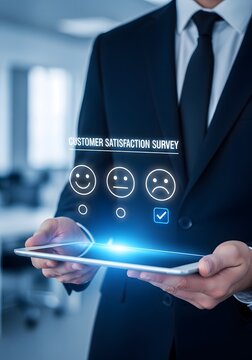 Business professional presenting customer satisfaction survey on a digital tablet with smiling faces