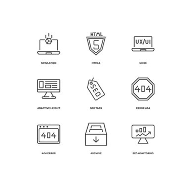 information technology icon set with simulation, html5, ux de, seo monitoring signs in flat outline style
