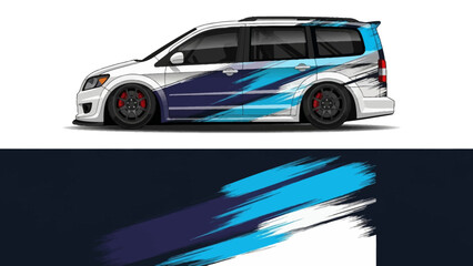 Fototapeta premium Sleek blue and white racing-wrapped minivan on an urban street with bold graphic design.