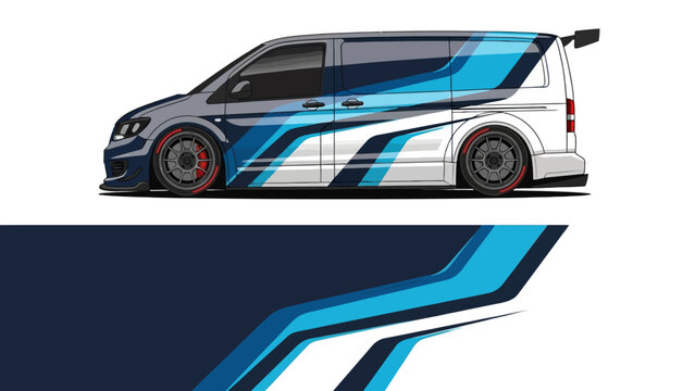 Sleek blue racing van with dynamic stripe graphic design.