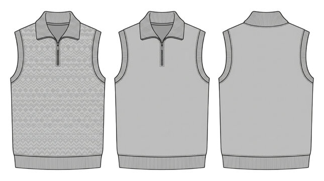 CAD Fashion Design Technical Drawing of a Sleeveless Pullover Sweater with Zipper and Collar