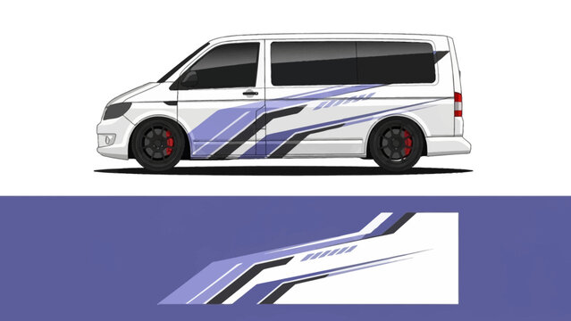 White van with blue and purple racing graphics and aerodynamic decals for urban transportation.