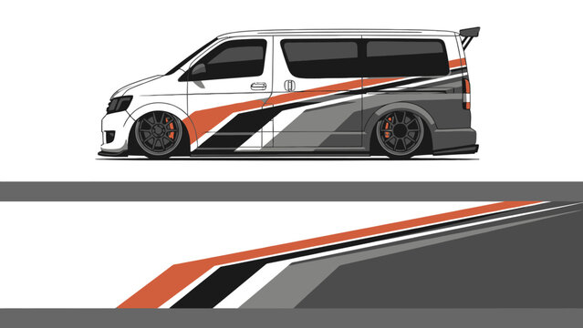 Stylized white van with orange and black racing stripes featuring modern graphic design.