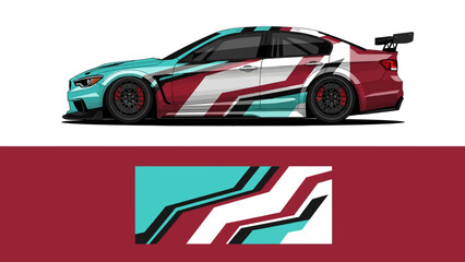 Sleek race car with teal red white livery and bold racing stripes. © AhzaArdiansyah