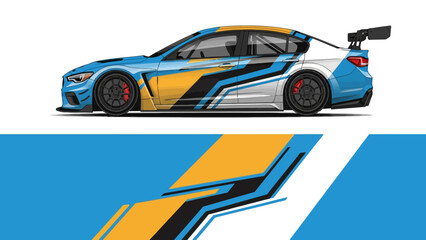 Fototapeta premium Side profile of a colorful race car with dynamic blue yellow orange livery and bold design.