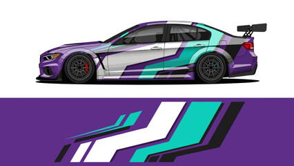 Fototapeta premium Vibrant Purple and Teal Race Car with Dynamic Graphic Livery and Sleek Aerodynamic Design.