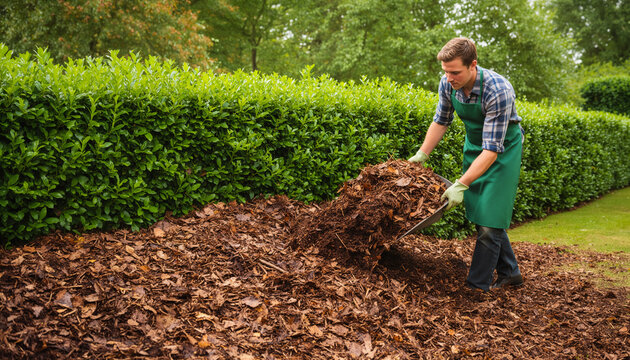 Professional male gardener wearing green apron using large metal pitchfork to spread brown organic wood chip mulch on ground near lush green hedge during sunny summer day in beautiful backyard