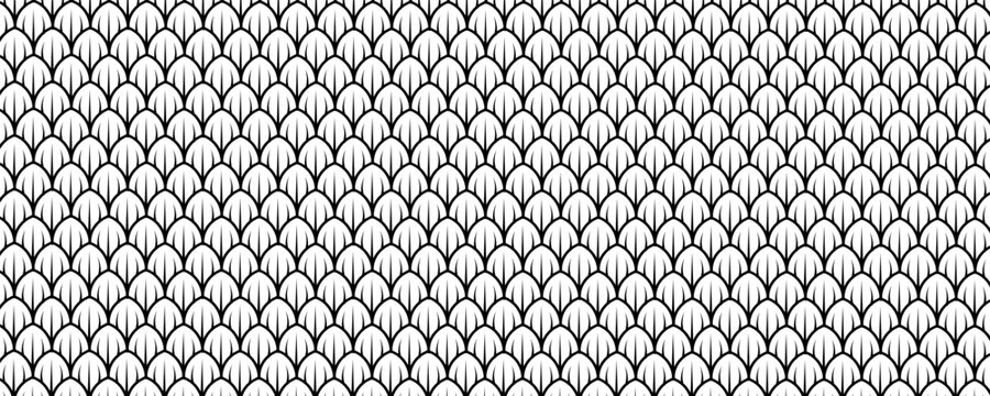 Dragon snake reptile fish mermiad scale seamless pattern tile. Dinosaur skin seamless pattern. Vector black