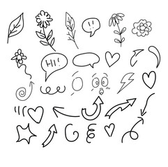 Fototapeta premium Hand drawn doodle set with flowers speech bubbles hearts and arrows on white background