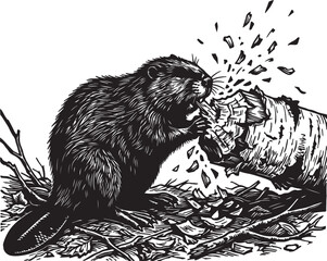 Wild beaver chewing wood log branch  © Tania