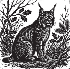 Obraz premium Wild lynx bobcat sitting in forest 