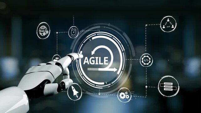 A robotic hand interacts with a high-tech agile methodology interface inside a modern workspace, showcasing innovation and digital transformation concepts. Synapse