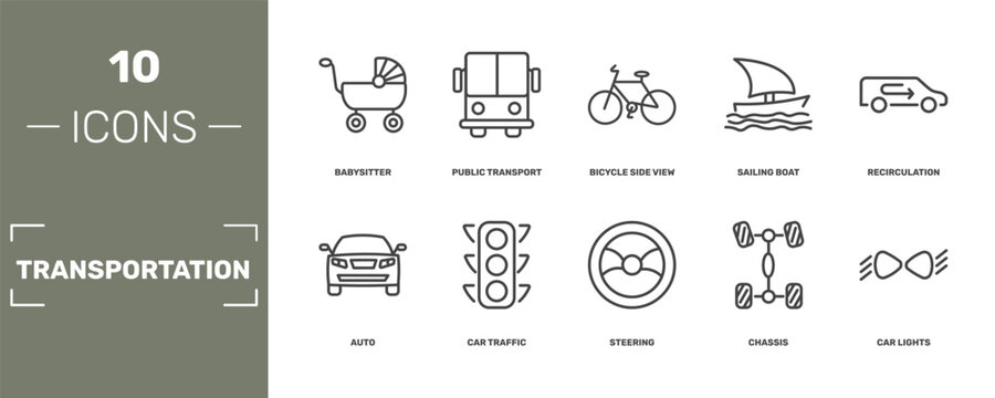 transportation icon set with babysitter, public transport, bicycle side view, car lights signs in flat outline style