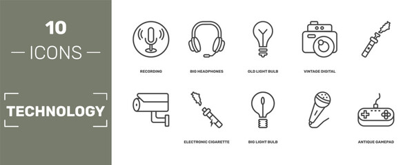 technology icon set with recording, big headphones, old light bulb, antique gamepad signs in flat outline style © Abstract