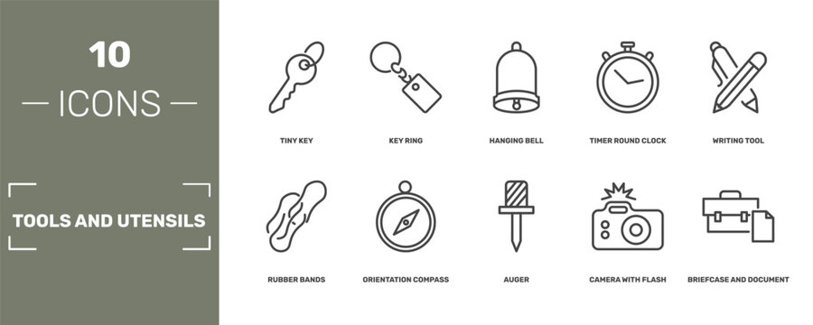 tools and utensils icon set with tiny key, key ring, hanging bell, briefcase and document signs in flat outline style