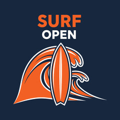 Obraz premium Surf Open Advertising Graphic With Board And Waves