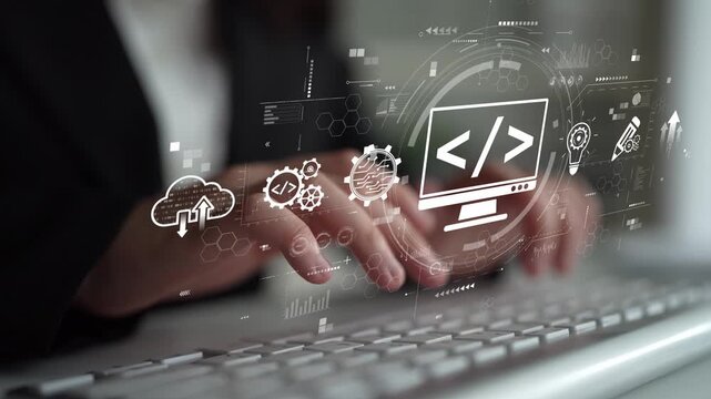 Modern web development concept featuring coding symbols, web development process, web development interface, and web development tools with futuristic design. Muxer