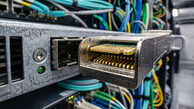 Extreme macro of a fiber optic transceiver module with gold pins in a network switch