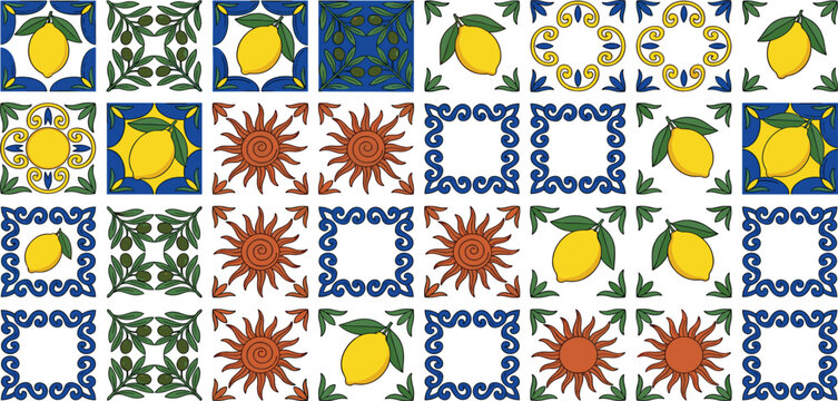 Mediterranean Ceramic Tile Pattern Collection Featuring Lemons, Olive Branches, Sun Motifs, Decorative Borders, and Traditional Italian Coastal Design