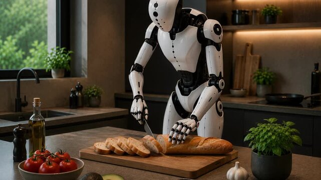 Realistic 3D domestic robot precisely slicing a fresh baguette bread on a cutting board in a modern kitchen, smart home cooking assistant concept