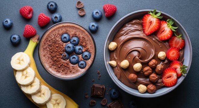 Delicious chocolate dessert with fresh fruits and nuts