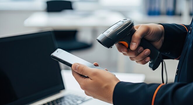 Inventory management worker scanning barcode with mobile device and scanner