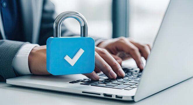 Secure online transaction with padlock icon on laptop