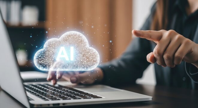 Artificial intelligence concept woman interacting with ai cloud interface on laptop