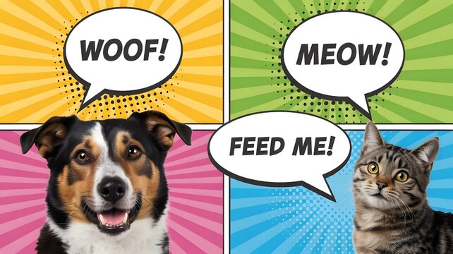 Pop art comic style pet collage, funny dog and cat with speech bubbles, colorful halftone sunburst background with woof and meow text