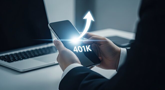 Businessman checking 401k retirement savings on smartphone with growing graph