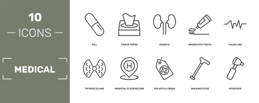 medical icon set with pill, tissue paper, kidneys, otoscope signs in flat outline style