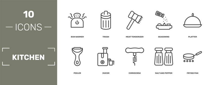 kitchen icon set with bun warmer, trash, meat tenderizer, frying pan signs in flat outline style
