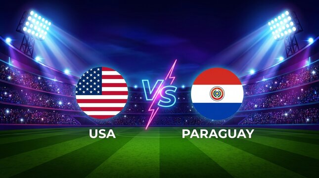 Usa vs paraguay soccer match background with stadium lights and flags