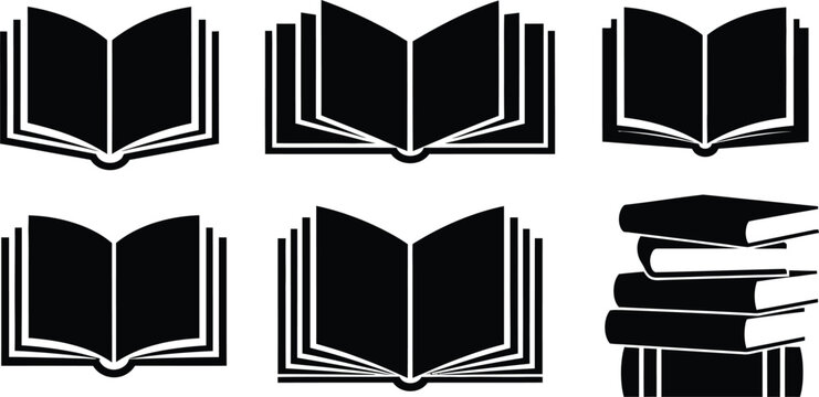 Six black silhouette icons of open books and a stack of books isolated on transparent background