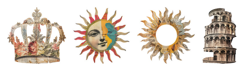 Fototapeta premium PNG Vintage collage with crown, sun, tower on transparent background