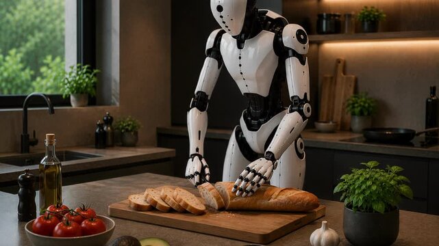 Realistic 3D domestic robot precisely slicing a fresh baguette bread on a cutting board in a modern kitchen, smart home cooking assistant concept
