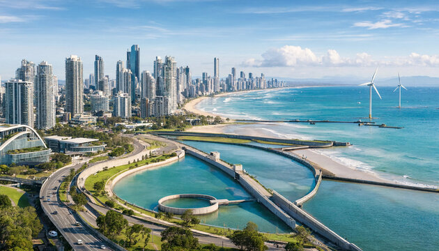 Aerial view of coastal city with concrete breakwater and modern urban skyline breakwater architecture landscape infrastructure development buildings waterfront engineering daylight