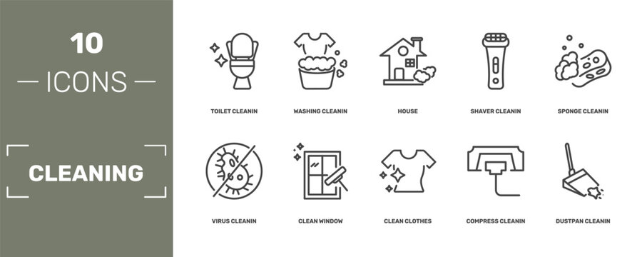 cleaning icon set with toilet cleanin, washing cleanin, house, dustpan cleanin signs in flat outline style